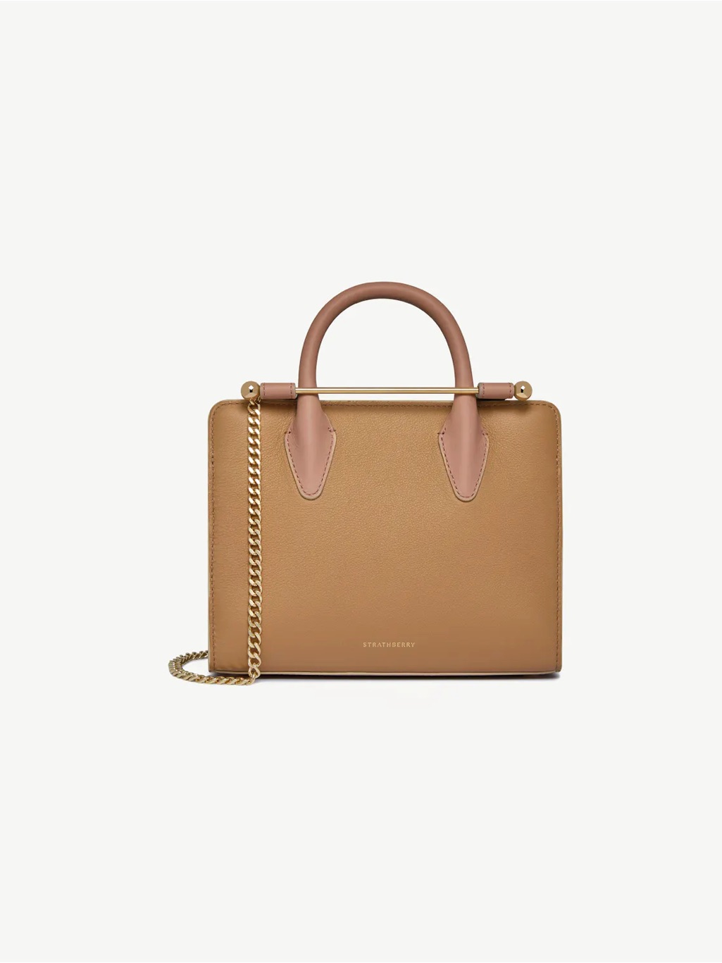 Strathberry Tan Leather Box Bag With Pink Handles And Gold Chain